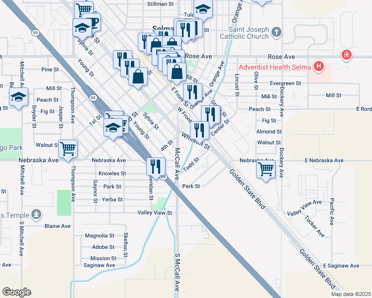 map of restaurants, bars, coffee shops, grocery stores, and more near 2044 Mccall Ave in Selma