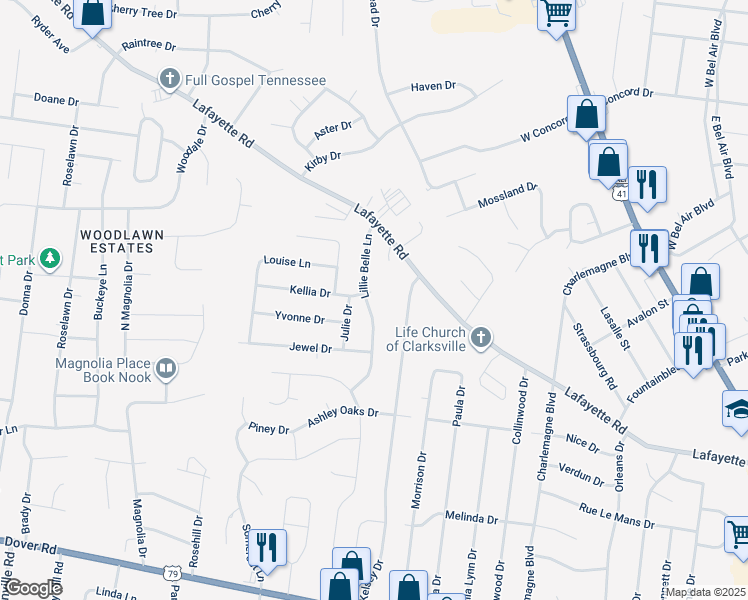 map of restaurants, bars, coffee shops, grocery stores, and more near 490 Kellia Drive in Clarksville