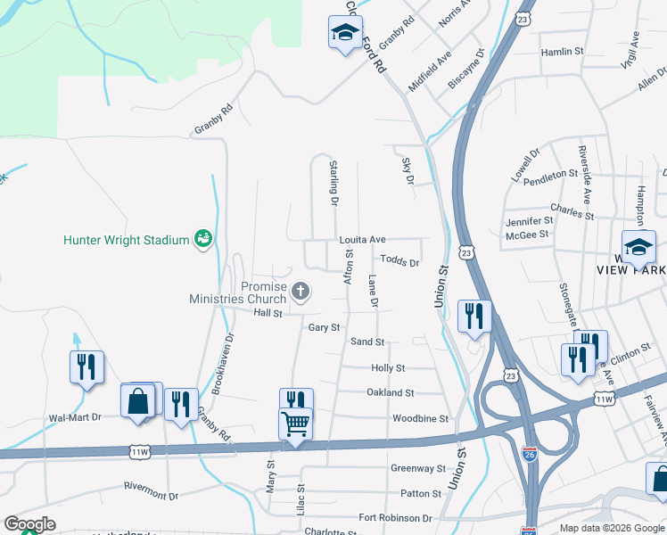 map of restaurants, bars, coffee shops, grocery stores, and more near 941 Karen Road in Kingsport