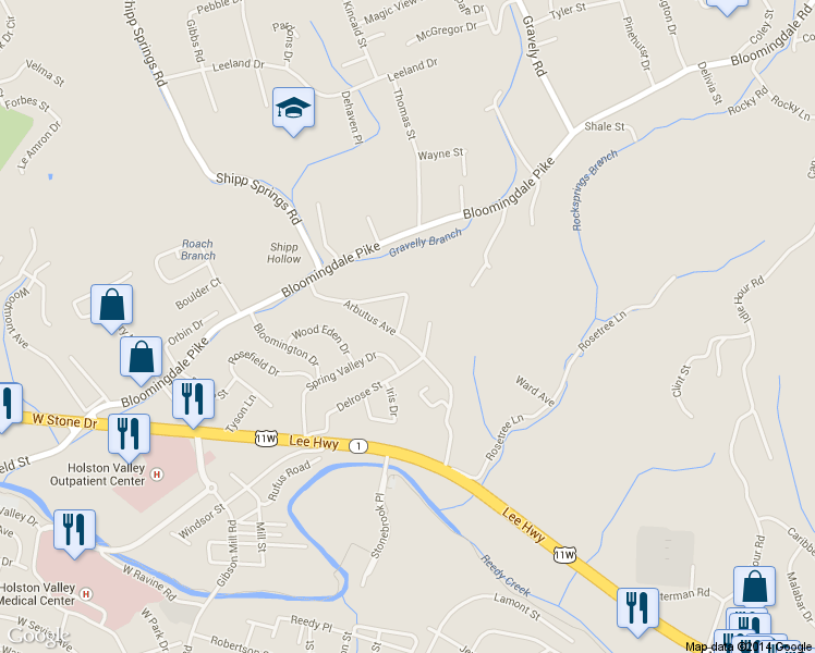 map of restaurants, bars, coffee shops, grocery stores, and more near 165 Blue Bell Drive in Kingsport