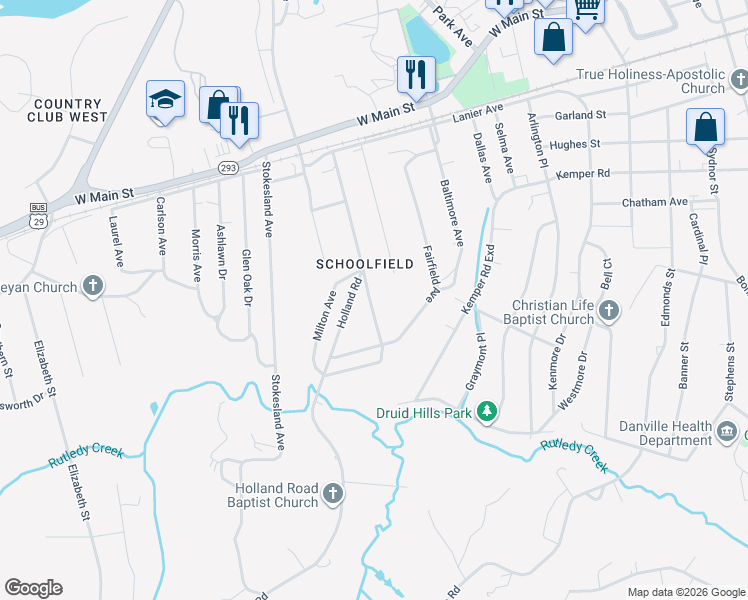 map of restaurants, bars, coffee shops, grocery stores, and more near 113 Schoolfield Drive in Danville