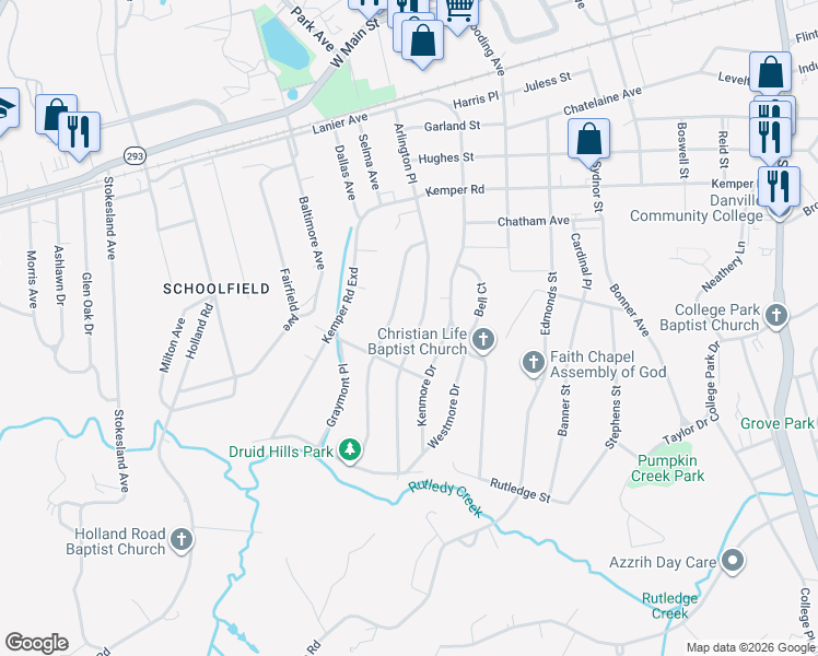 map of restaurants, bars, coffee shops, grocery stores, and more near 575 Arlington Road in Danville