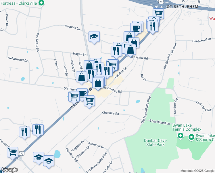 map of restaurants, bars, coffee shops, grocery stores, and more near 139 East Old Trenton Road in Clarksville