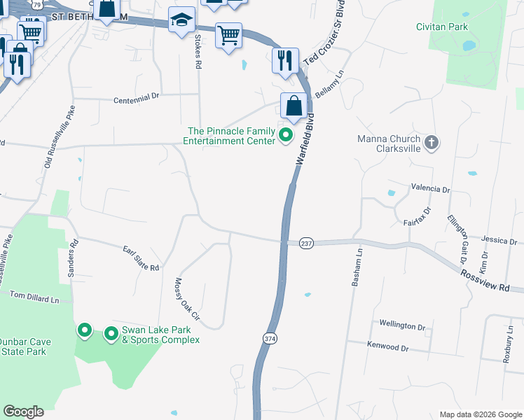 map of restaurants, bars, coffee shops, grocery stores, and more near 480-482 Warfield Boulevard in Clarksville