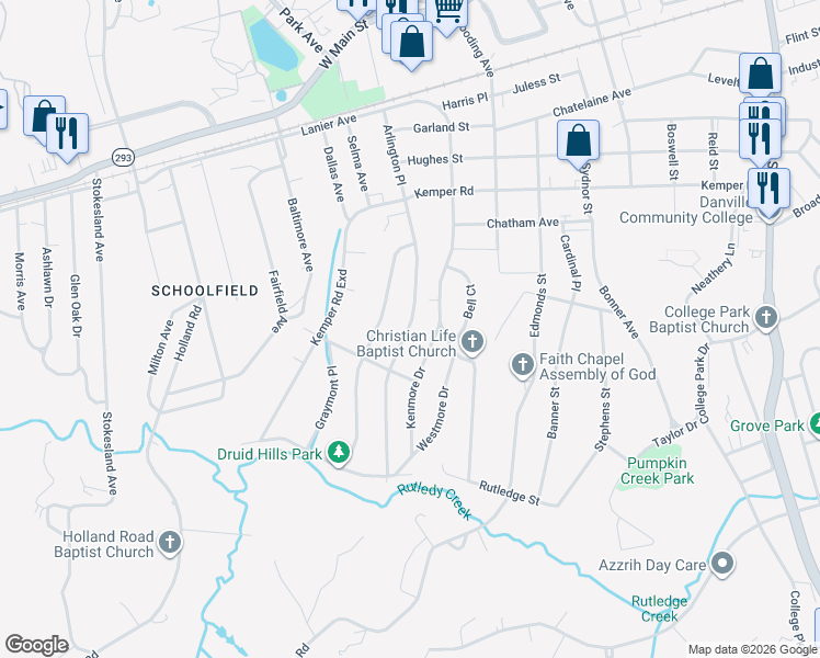 map of restaurants, bars, coffee shops, grocery stores, and more near 575 Arlington Road in Danville