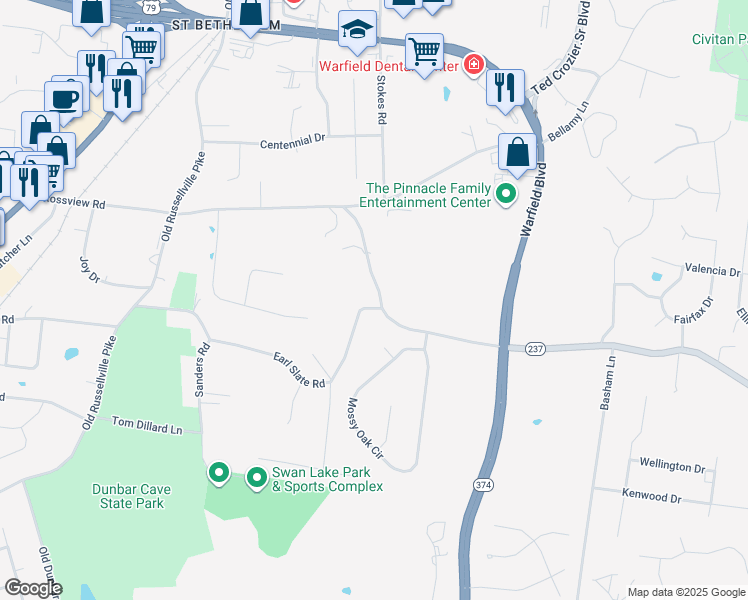 map of restaurants, bars, coffee shops, grocery stores, and more near 360 Rossview Road in Clarksville