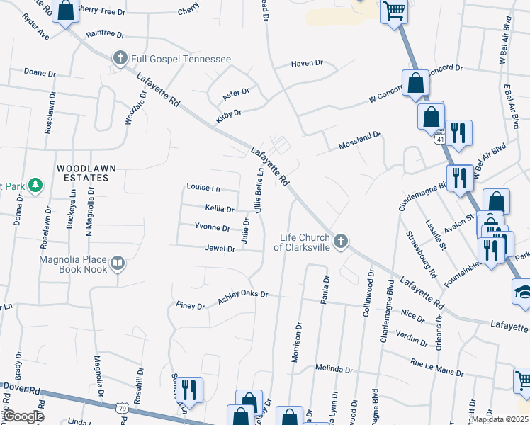 map of restaurants, bars, coffee shops, grocery stores, and more near 490 Kellia Drive in Clarksville
