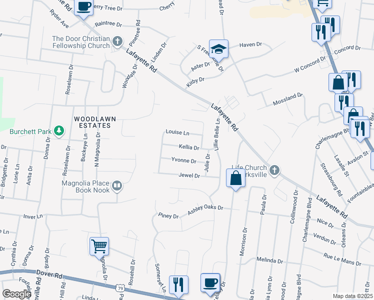 map of restaurants, bars, coffee shops, grocery stores, and more near 518 Kellia Drive in Clarksville
