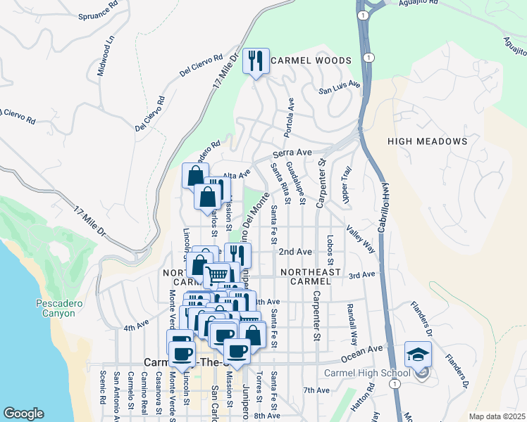 map of restaurants, bars, coffee shops, grocery stores, and more near in Carmel-by-the-Sea