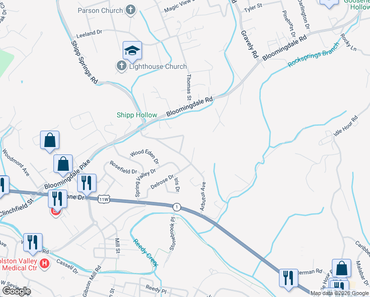 map of restaurants, bars, coffee shops, grocery stores, and more near 165 Blue Bell Drive in Kingsport