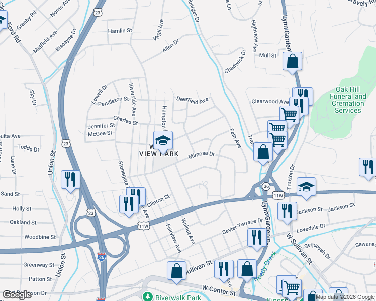 map of restaurants, bars, coffee shops, grocery stores, and more near 1009 Hampton Avenue in Kingsport