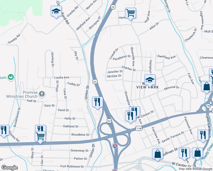 map of restaurants, bars, coffee shops, grocery stores, and more near Highway 137 in Kingsport
