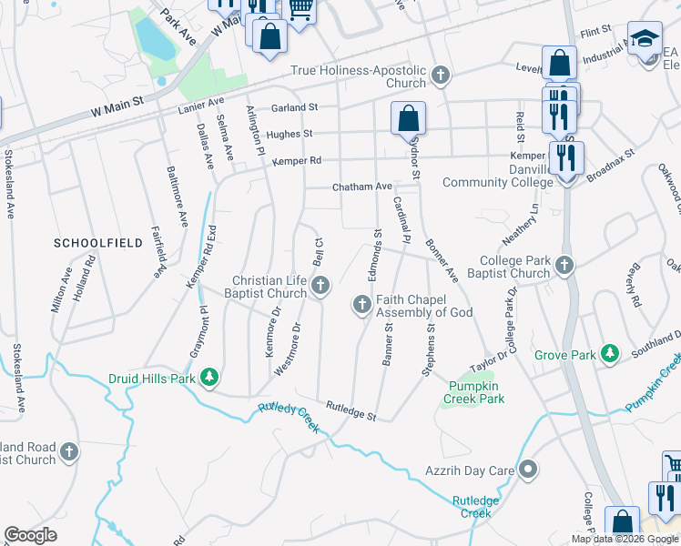 map of restaurants, bars, coffee shops, grocery stores, and more near 120 Stephens Street in Danville