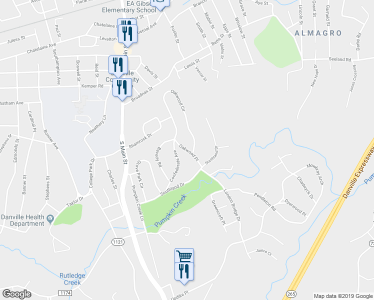 map of restaurants, bars, coffee shops, grocery stores, and more near 148 Oakwood Place in Danville