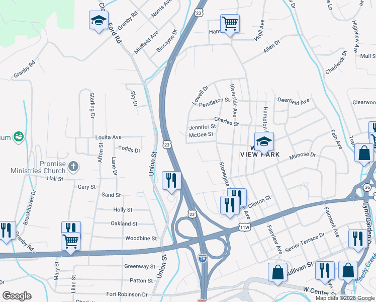 map of restaurants, bars, coffee shops, grocery stores, and more near 1741 McGee Street in Kingsport