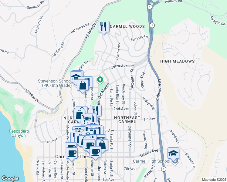 map of restaurants, bars, coffee shops, grocery stores, and more near 24817 Santa Fe Street in Carmel-by-the-Sea