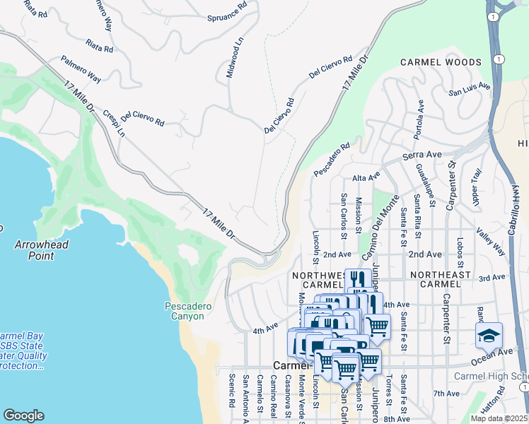 map of restaurants, bars, coffee shops, grocery stores, and more near 3255 Macomber Drive in Del Monte Forest