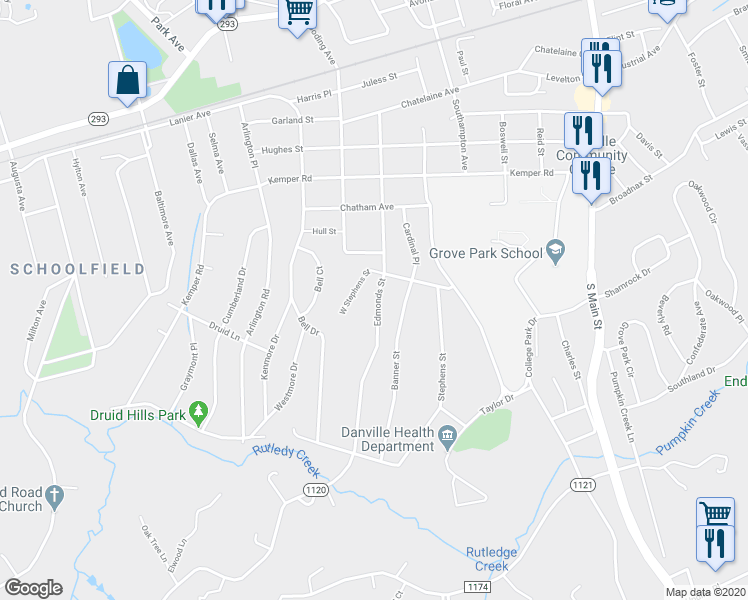 map of restaurants, bars, coffee shops, grocery stores, and more near 724 Edmonds Street in Danville