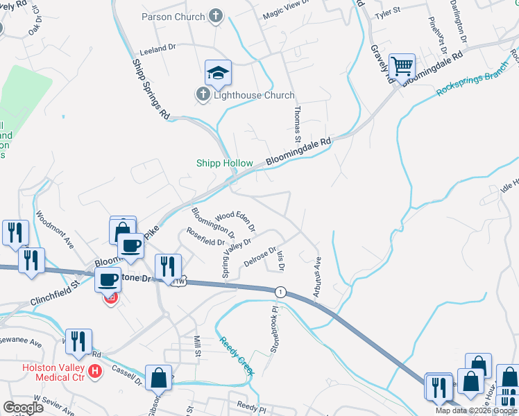 map of restaurants, bars, coffee shops, grocery stores, and more near 158 Arbutus Avenue in Kingsport