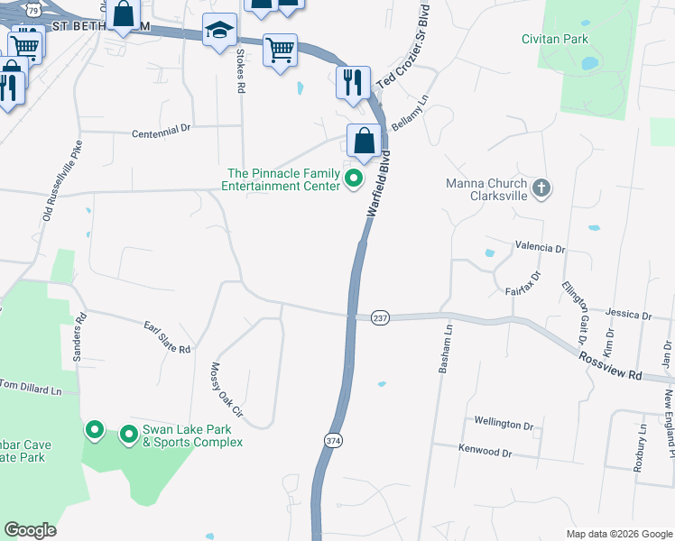 map of restaurants, bars, coffee shops, grocery stores, and more near 480-482 Warfield Boulevard in Clarksville