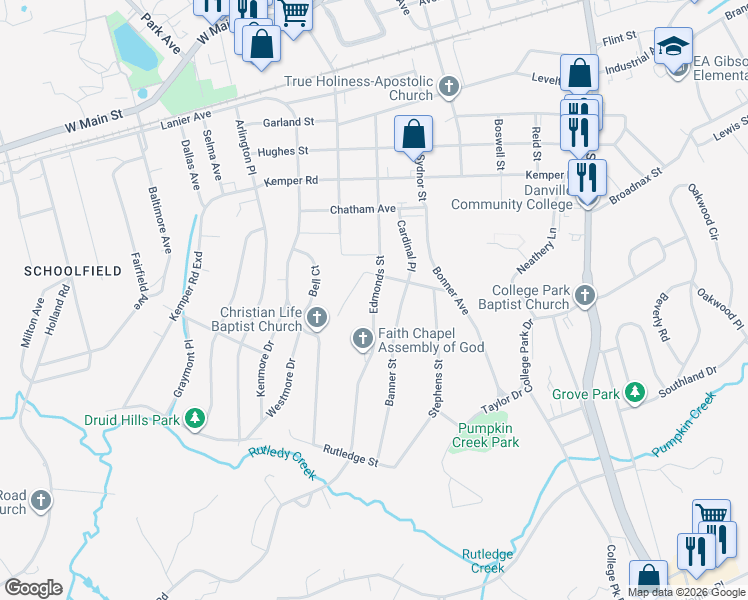 map of restaurants, bars, coffee shops, grocery stores, and more near Edmonds Street in Danville
