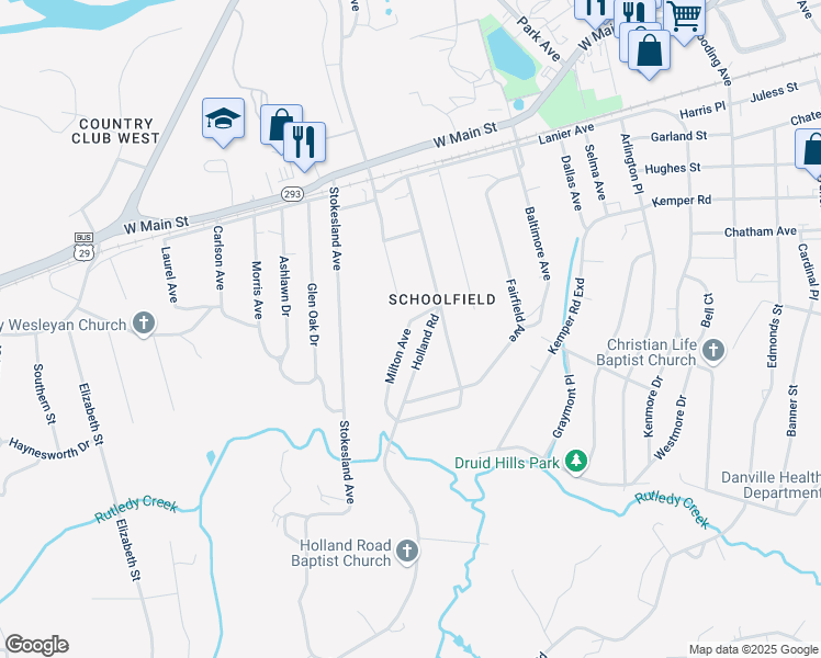 map of restaurants, bars, coffee shops, grocery stores, and more near 17 Milton Avenue in Danville