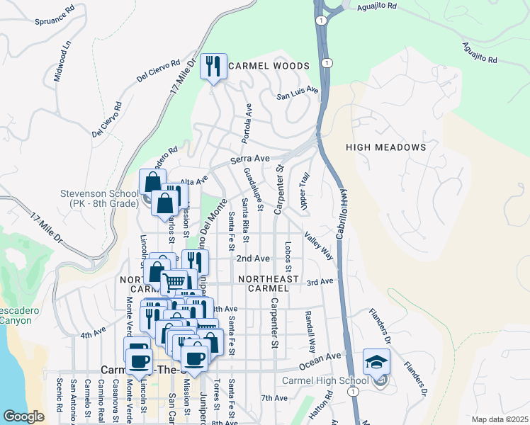 map of restaurants, bars, coffee shops, grocery stores, and more near 24799 Guadalupe Street in Carmel-by-the-Sea