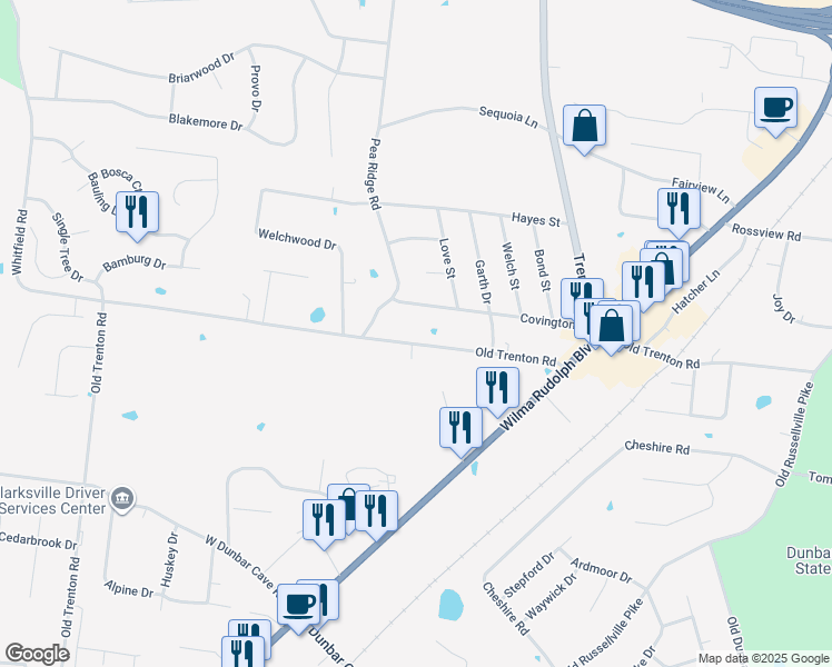 map of restaurants, bars, coffee shops, grocery stores, and more near 244 Old Trenton Road in Clarksville