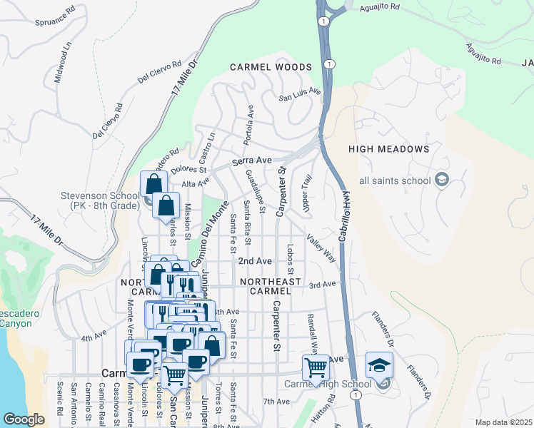 map of restaurants, bars, coffee shops, grocery stores, and more near 24799 Guadalupe Street in Carmel-by-the-Sea