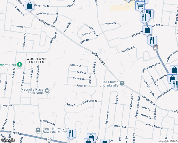 map of restaurants, bars, coffee shops, grocery stores, and more near 397 Elaine Drive in Clarksville