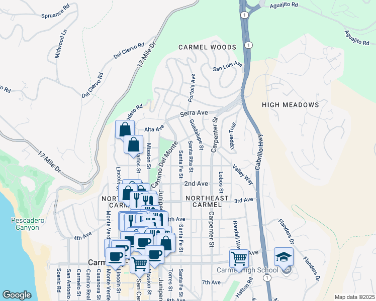 map of restaurants, bars, coffee shops, grocery stores, and more near 24788 Santa Rita Street in Carmel-by-the-Sea