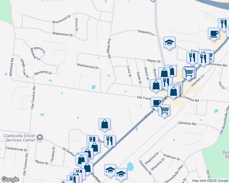 map of restaurants, bars, coffee shops, grocery stores, and more near 225 Old Trenton Road in Clarksville