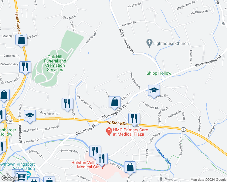 map of restaurants, bars, coffee shops, grocery stores, and more near 834 Larry Neil Way in Kingsport