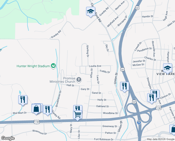 map of restaurants, bars, coffee shops, grocery stores, and more near 941 Karen Road in Kingsport