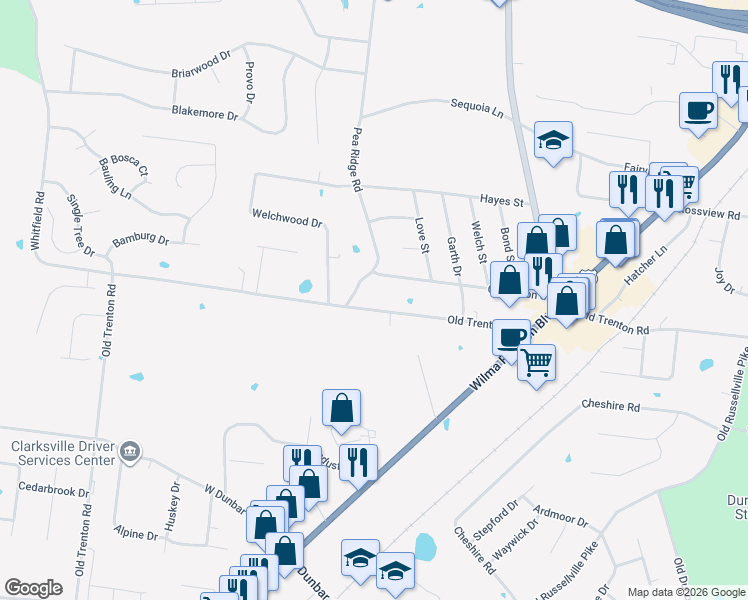 map of restaurants, bars, coffee shops, grocery stores, and more near 225 Old Trenton Road in Clarksville