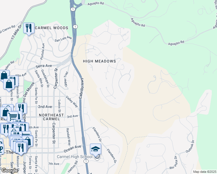 map of restaurants, bars, coffee shops, grocery stores, and more near 3493 Greenfield Place in Carmel-by-the-Sea