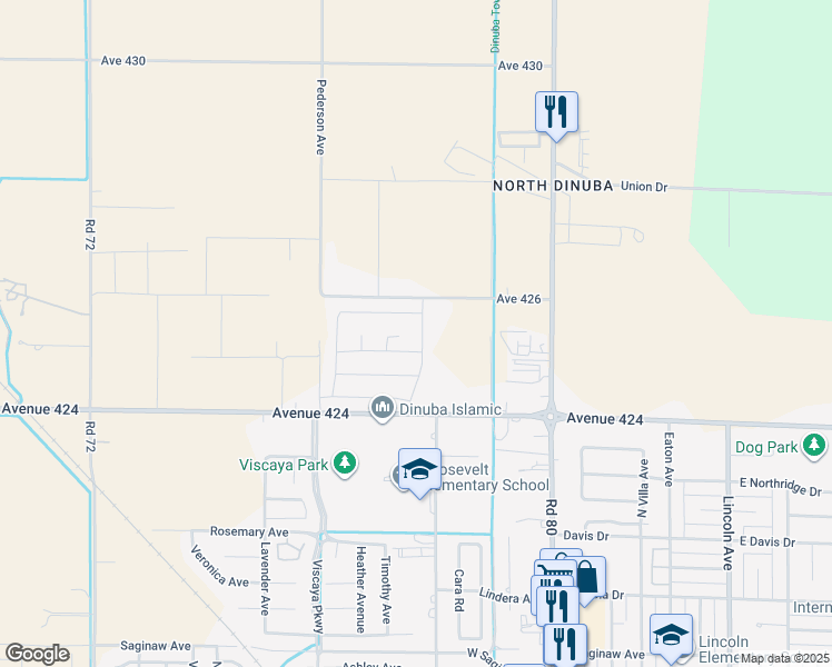 map of restaurants, bars, coffee shops, grocery stores, and more near 800 West Nebraska Avenue in Dinuba