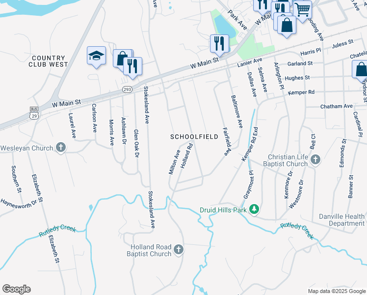 map of restaurants, bars, coffee shops, grocery stores, and more near 17 Milton Avenue in Danville