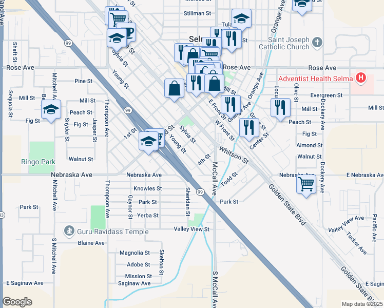 map of restaurants, bars, coffee shops, grocery stores, and more near 1721 Young Street in Selma