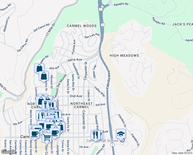map of restaurants, bars, coffee shops, grocery stores, and more near 24723 Upper Trail in Carmel-by-the-Sea