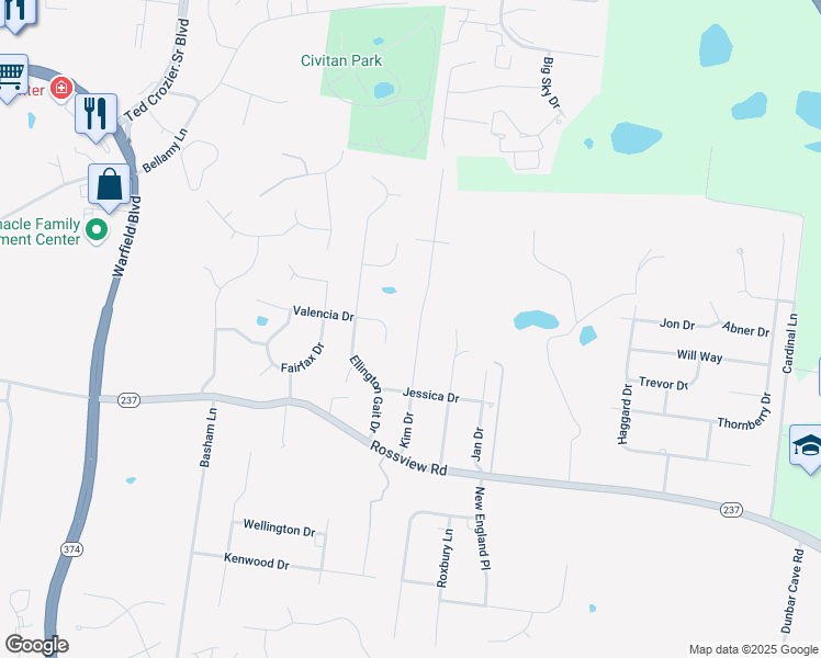 map of restaurants, bars, coffee shops, grocery stores, and more near 747 Valencia Drive in Clarksville
