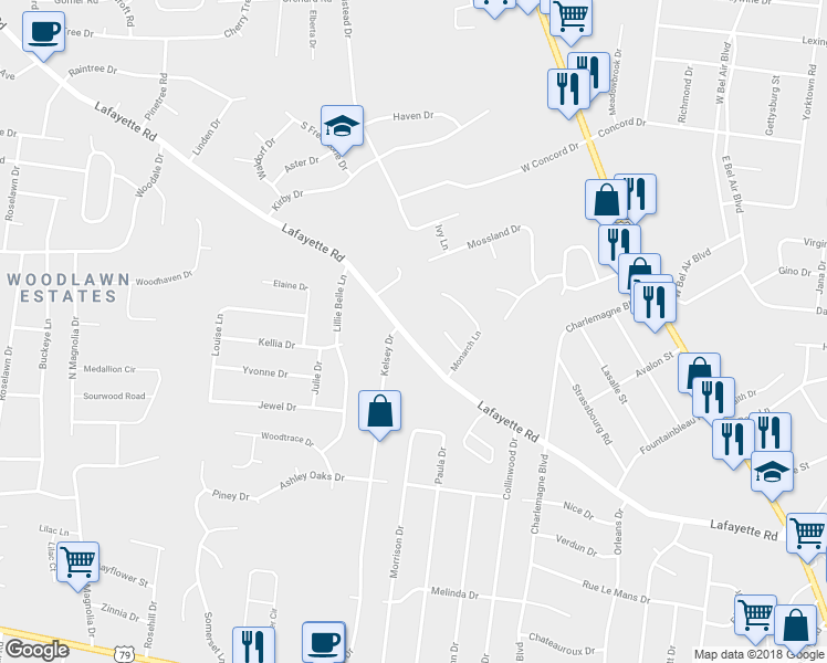 map of restaurants, bars, coffee shops, grocery stores, and more near 479 Lafayette Road in Clarksville