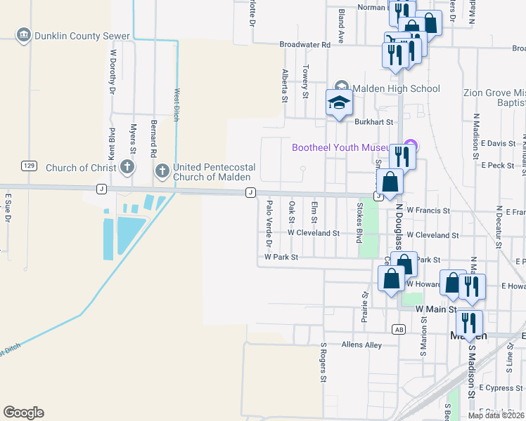 map of restaurants, bars, coffee shops, grocery stores, and more near 403 Palo Verde Drive in Malden
