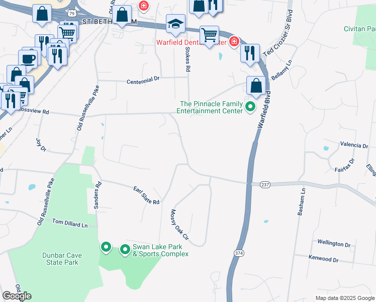 map of restaurants, bars, coffee shops, grocery stores, and more near 337 Rossview Road in Clarksville