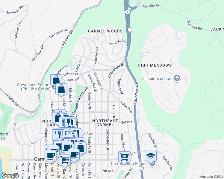 map of restaurants, bars, coffee shops, grocery stores, and more near 24800 Lower Trail in Carmel-by-the-Sea