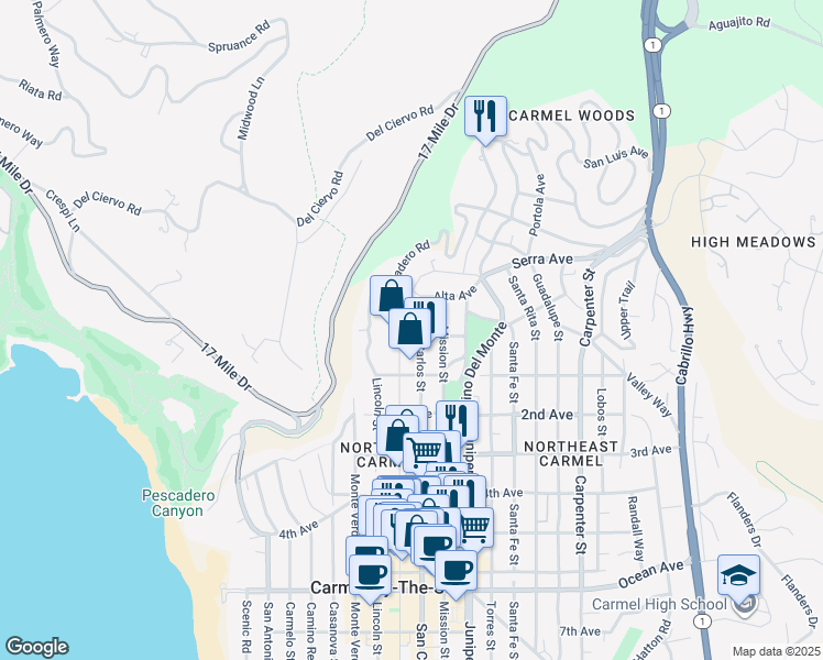 map of restaurants, bars, coffee shops, grocery stores, and more near 2895 Vista Avenue in Carmel-by-the-Sea