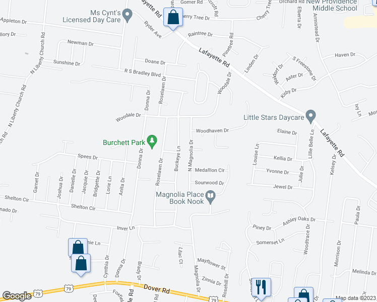 map of restaurants, bars, coffee shops, grocery stores, and more near 430 North Magnolia Drive in Clarksville