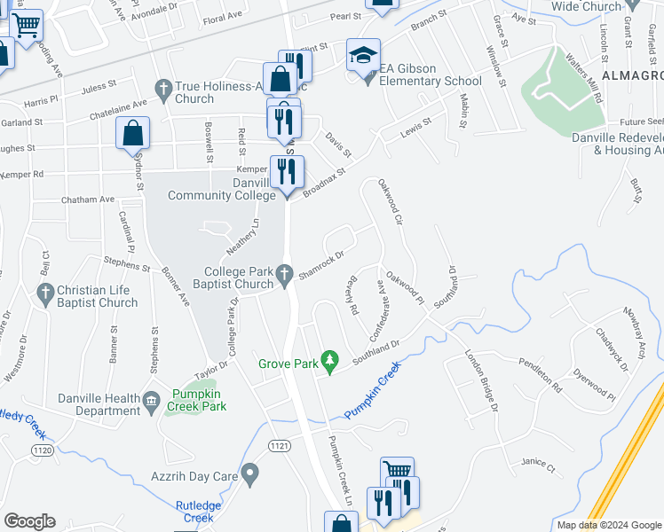 map of restaurants, bars, coffee shops, grocery stores, and more near 249 Shamrock Drive in Danville