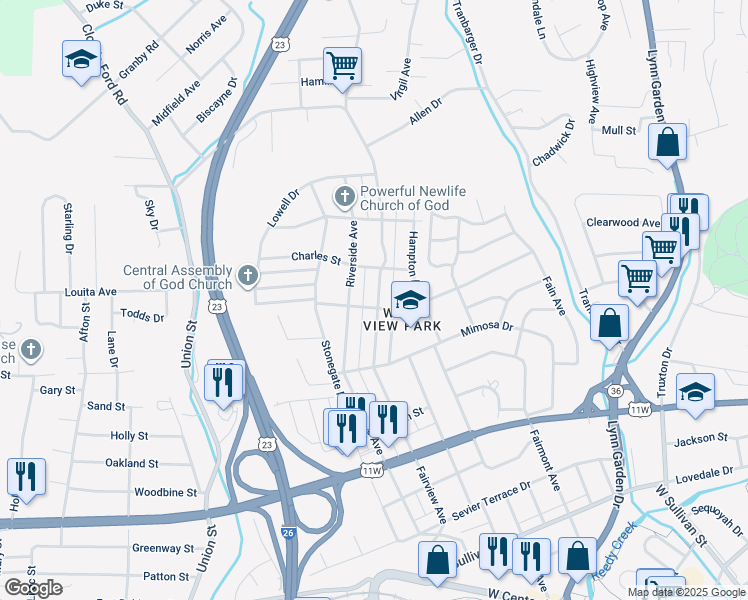 map of restaurants, bars, coffee shops, grocery stores, and more near 1125 Fairview Avenue in Kingsport