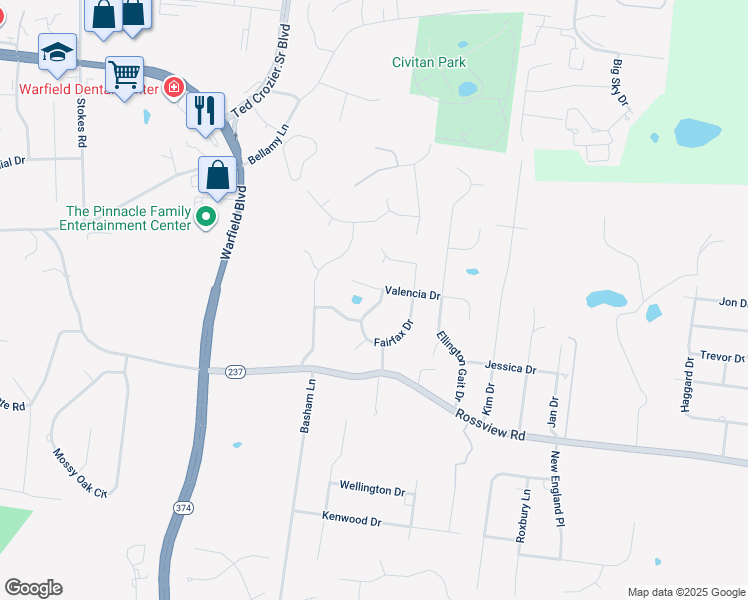 map of restaurants, bars, coffee shops, grocery stores, and more near 2181 Fairfax Drive in Clarksville